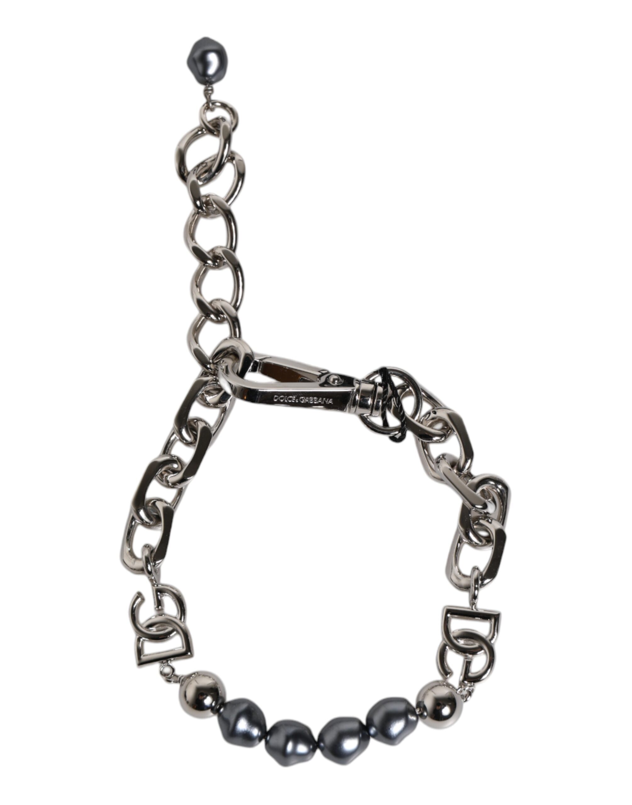 Dolce & Gabbana Silver Tone Chain Lobster Clasp Logo Gray Pearls Bracelet - Image 6