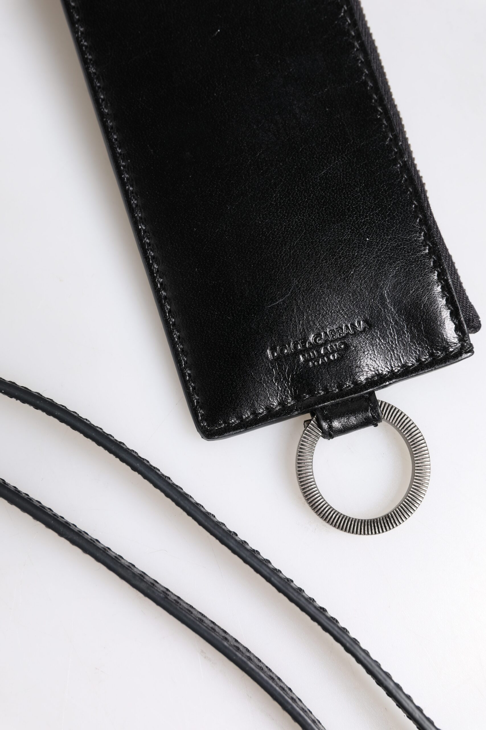 Dolce & Gabbana Black Leather Logo Embossed Lanyard Card Holder Wallet - Image 4