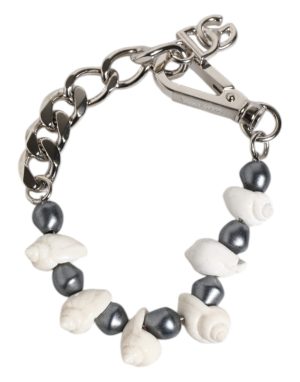 Dolce & Gabbana Silver Tone Brass Beaded Shell DG Logo Pendant Bracelet