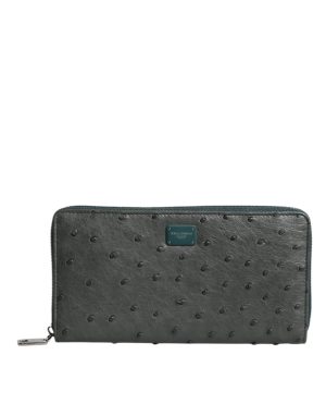 Dolce & Gabbana Green Ostrich Logo Plaque Zip Around Continental Wallet