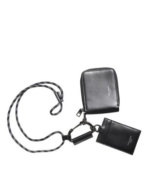 Dolce & Gabbana Black Leather Lanyard Zip Around Card Holder Wallet