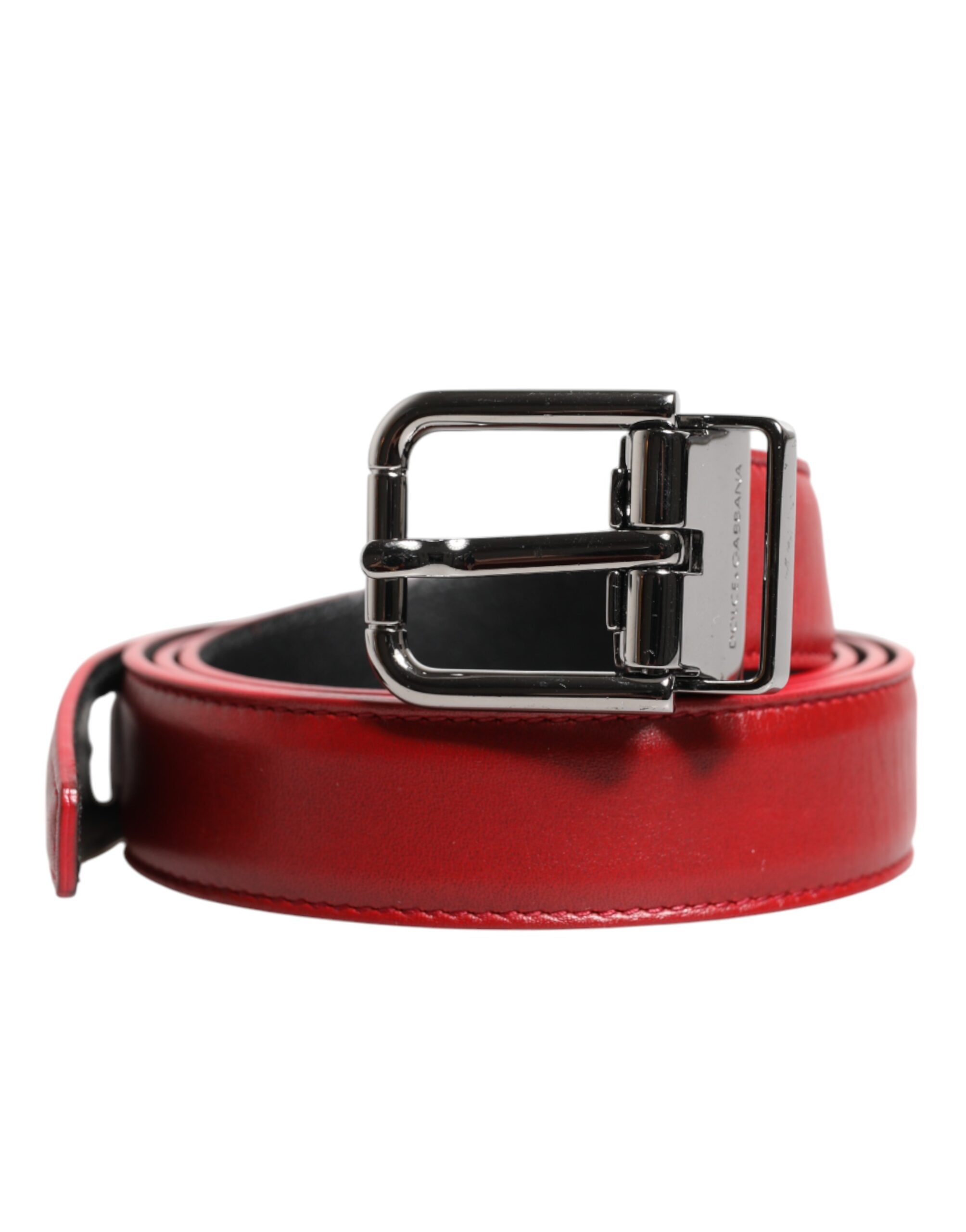 Dolce & Gabbana Red Leather Silver Tone Metal Buckle Belt - Image 2
