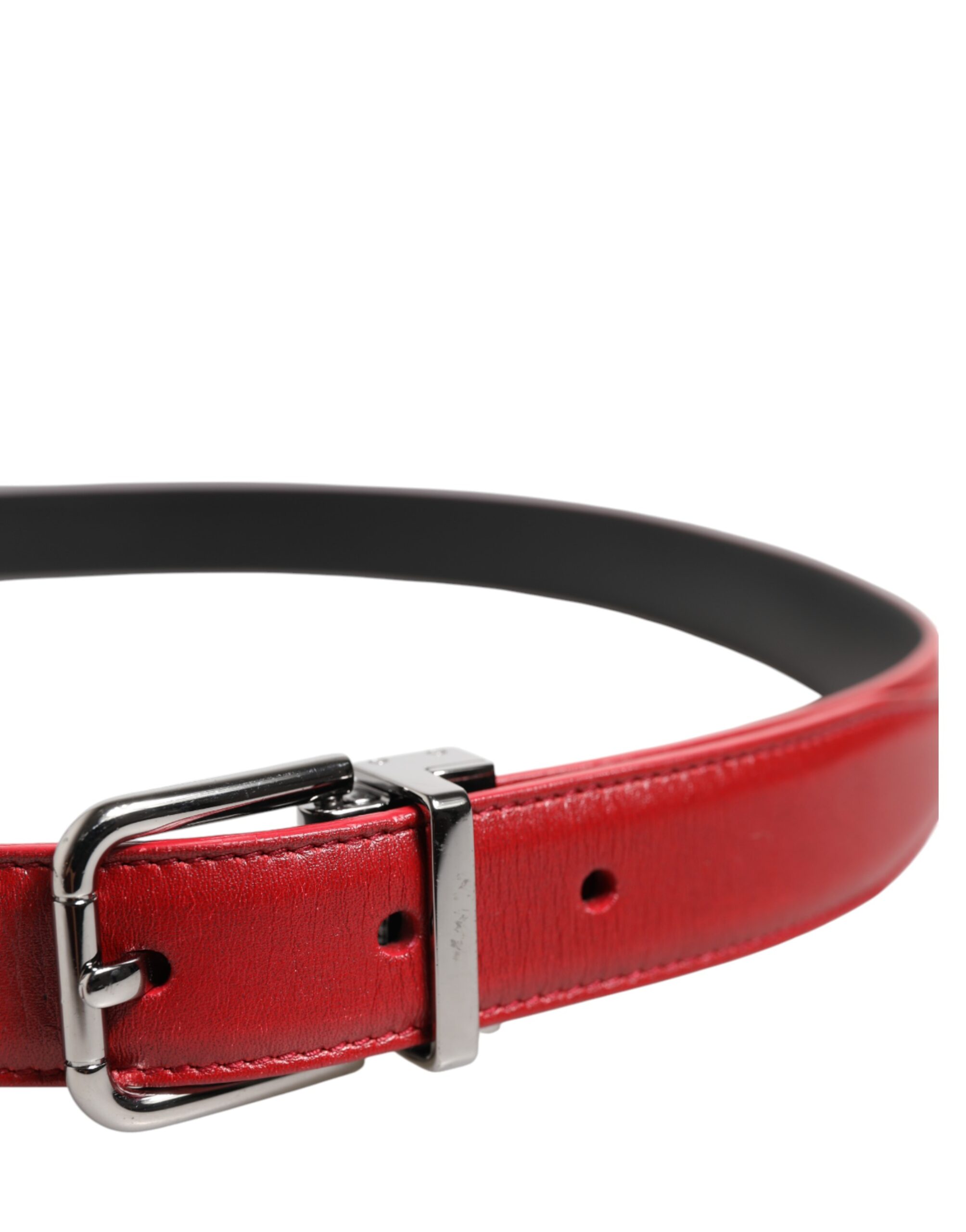 Dolce & Gabbana Red Leather Silver Tone Metal Buckle Belt - Image 4