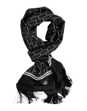 Dolce & Gabbana Black Silk Printed Fringes Men Foulard Scarf