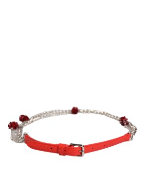 Dolce & Gabbana Red Leather Silver Chain Floral Cintura Belt