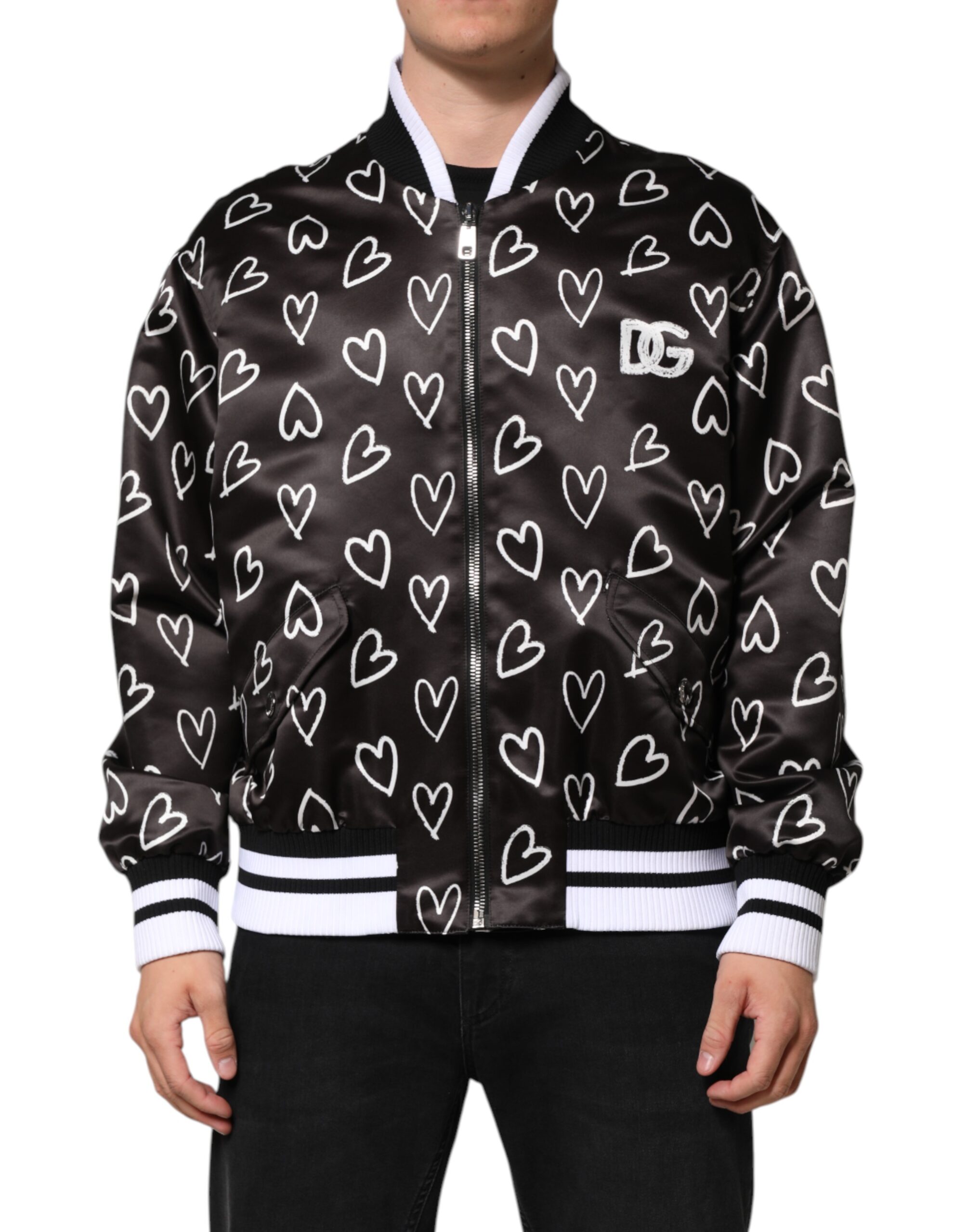 Dolce & Gabbana Black Polyester Heart Print Bomber Jacket - Image 2