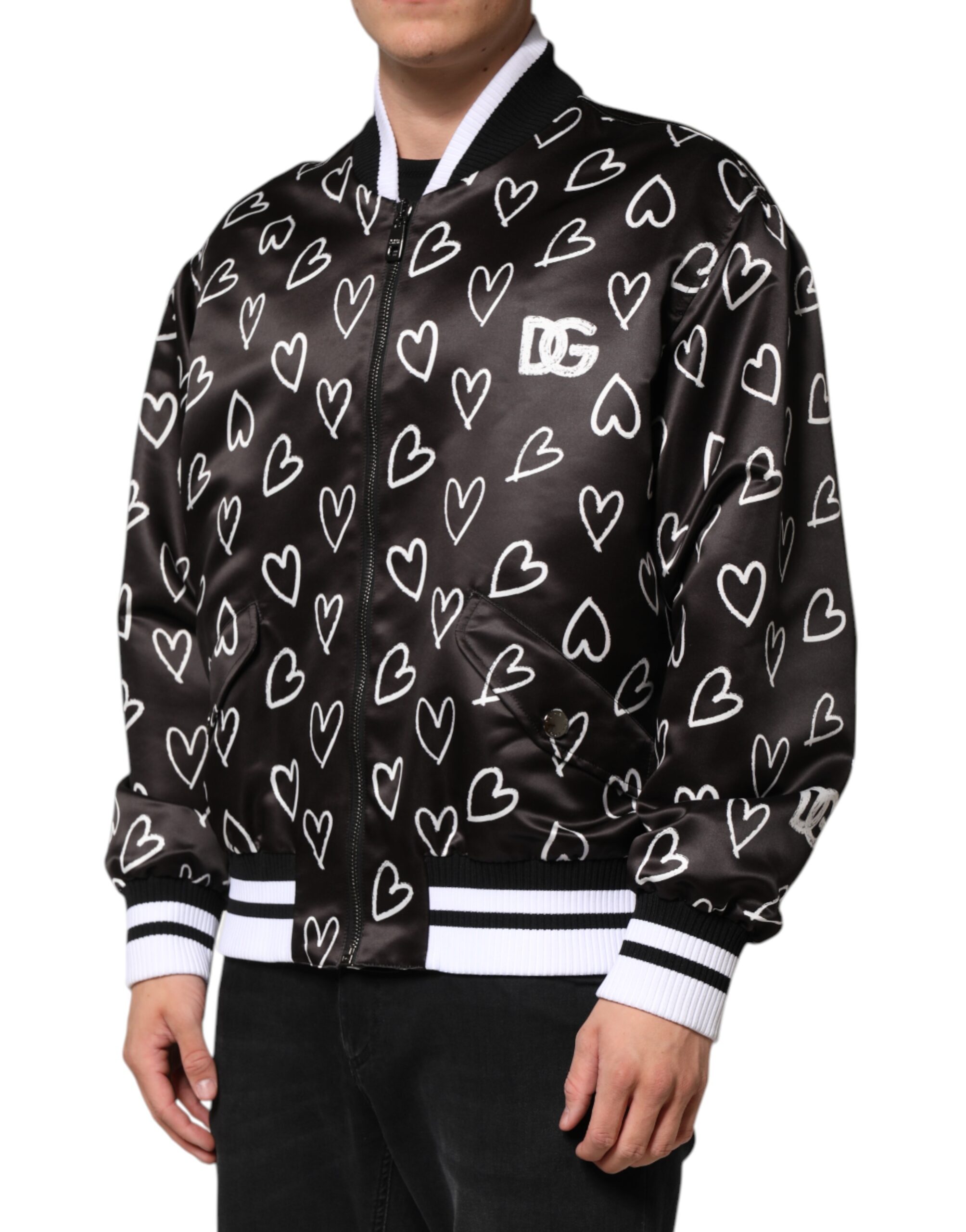 Dolce & Gabbana Black Polyester Heart Print Bomber Jacket - Image 3