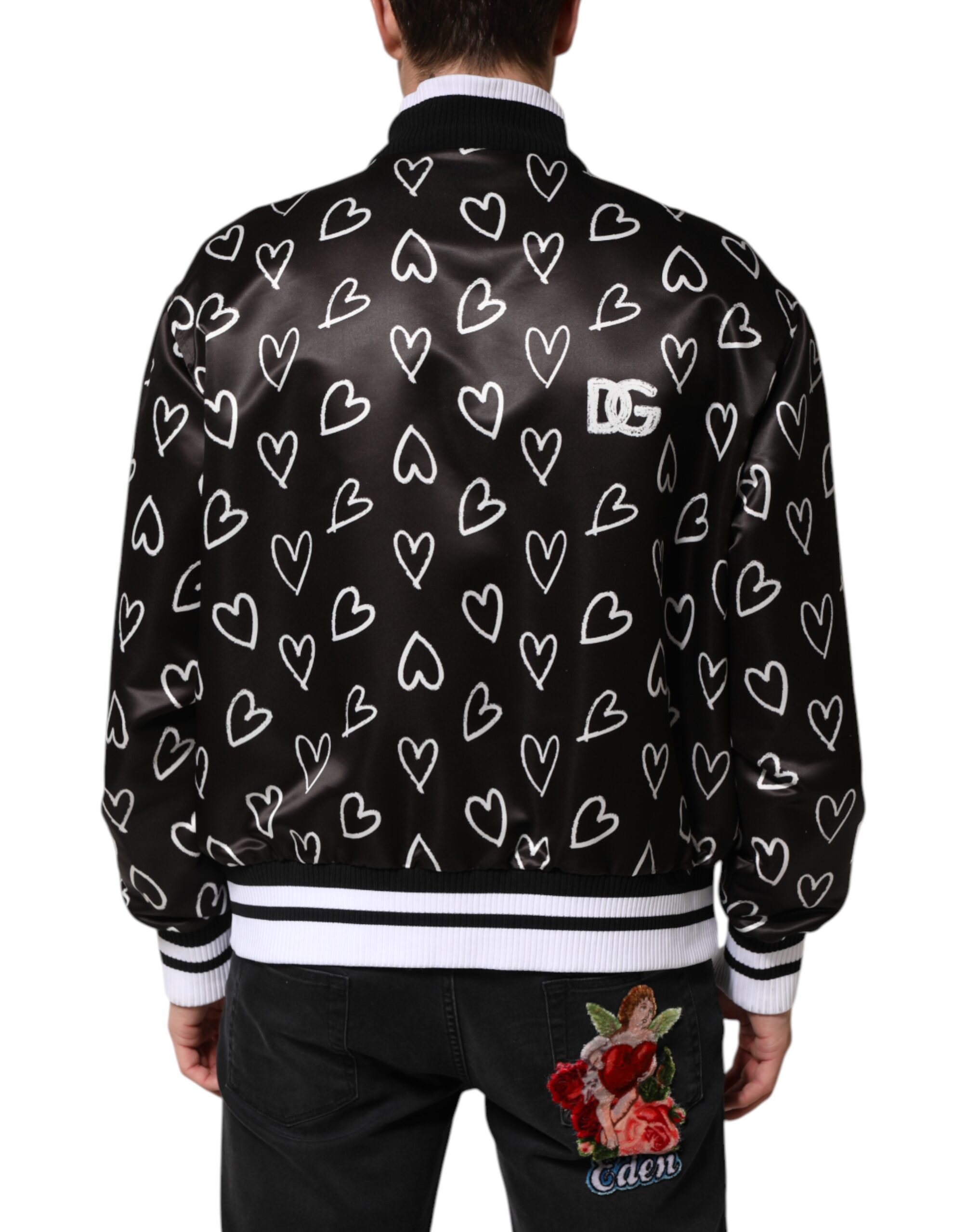 Dolce & Gabbana Black Polyester Heart Print Bomber Jacket - Image 4