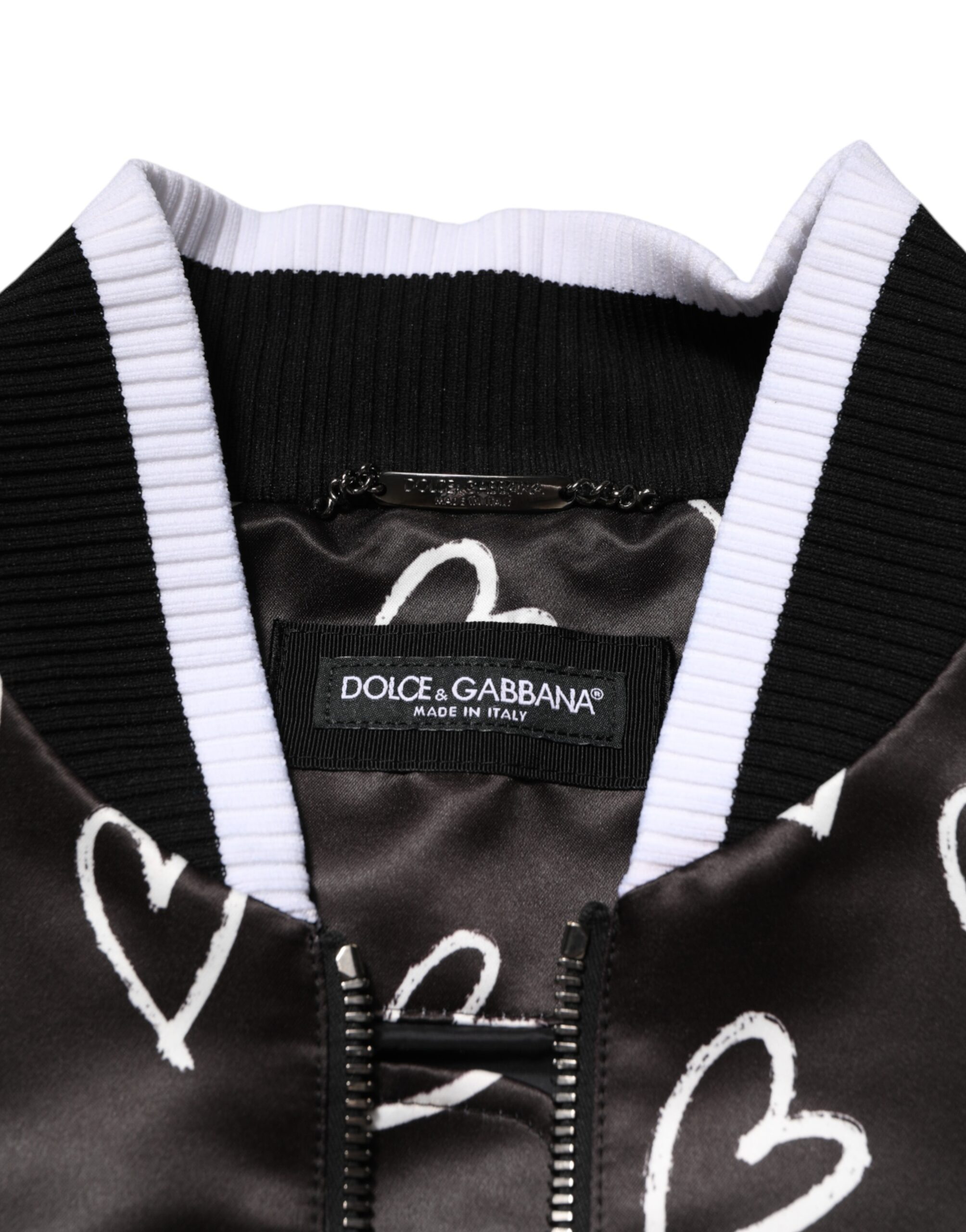 Dolce & Gabbana Black Polyester Heart Print Bomber Jacket - Image 5