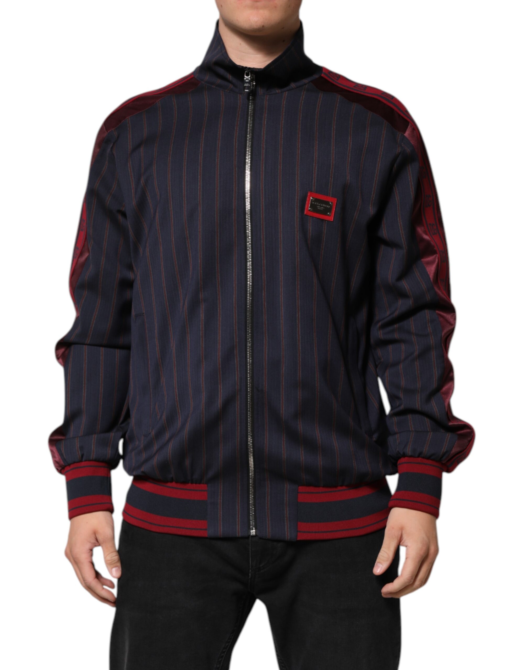 Dolce & Gabbana Blue Red Striped Logo Plaque Full Zip Jacket - Image 2