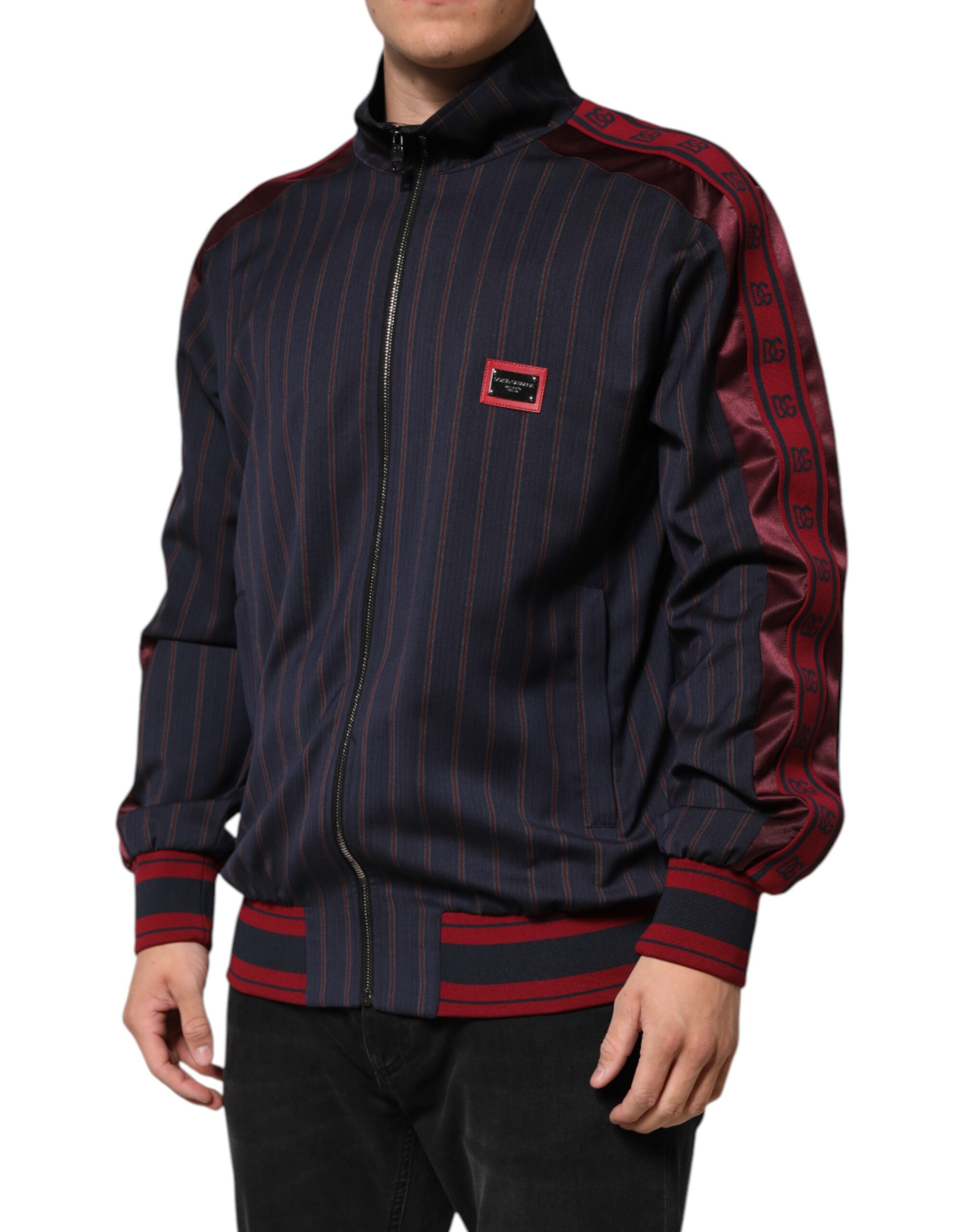 Dolce & Gabbana Blue Red Striped Logo Plaque Full Zip Jacket - Image 3