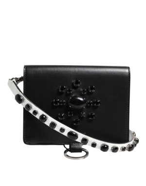Dolce & Gabbana Black Leather Crystal Embellished Card Holder Wallet