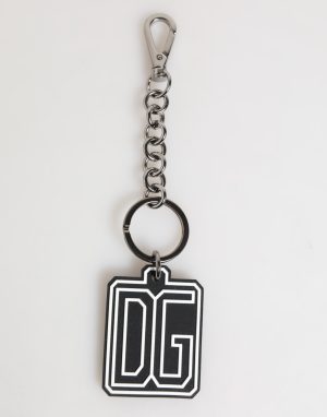 Dolce & Gabbana Black White DG Rubber Logo Silver Men Keychain Keyring