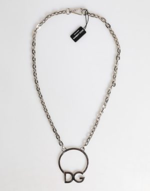 Dolce & Gabbana Silver Tone Brass Chain DG Logo Pendant Men Necklace