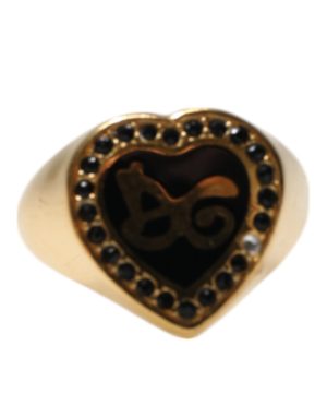 Dolce & Gabbana Gold Brass Crystal DG Logo Heart Women Ring