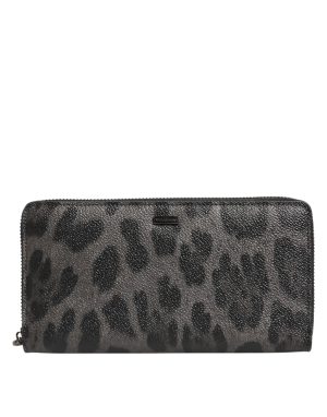 Dolce & Gabbana Black Gray Leopard Leather Zip Around Continental Wallet
