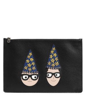 Dolce & Gabbana Black Leather #DGFAMILY Embellished Men Clutch Pouch Bag