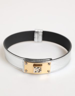 Dolce & Gabbana Silver Textured Leather Gold Tone Metal Neckband