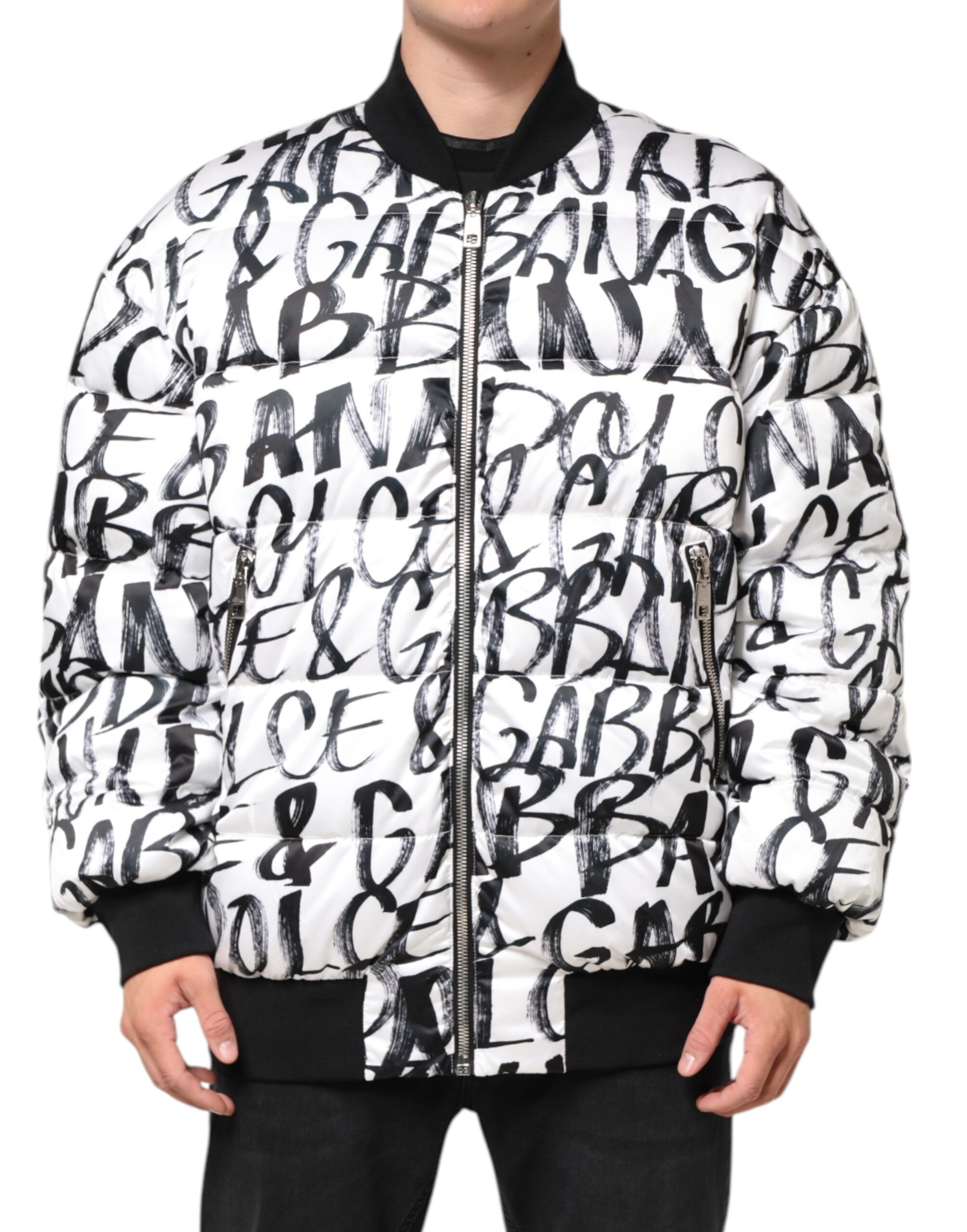Dolce & Gabbana White Black Graffiti Logo Puffer Bomber Jacket - Image 2