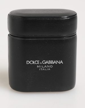 Dolce & Gabbana Black Calfskin Leather Logo Print Flip Holder Airpods Case