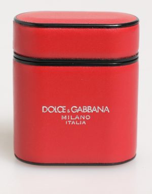 Dolce & Gabbana Red White Calfskin Leather Logo Flip Holder Airpods Case