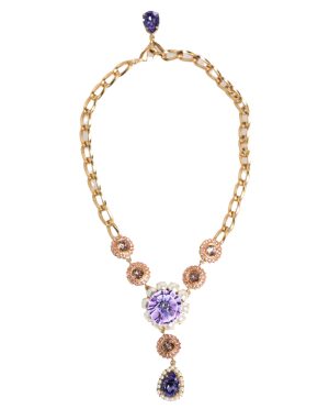 Dolce & Gabbana Gold Brass Crystal Pearl Purple Floral Pendant Jewelry Necklace