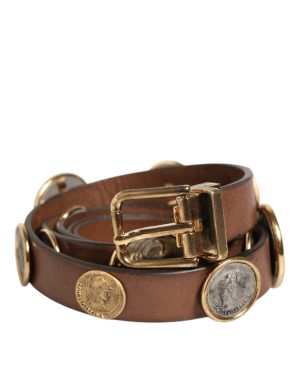 Dolce & Gabbana Brown Leather Gold Silver Coin Buckle Belt