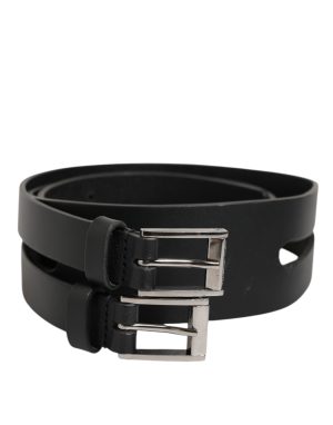 Dolce & Gabbana Black Double Strap Leather Silver Buckle Belt