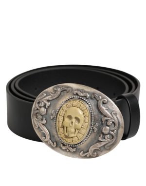 Dolce & Gabbana Black Leather Ornate Metal Buckle Men Belt