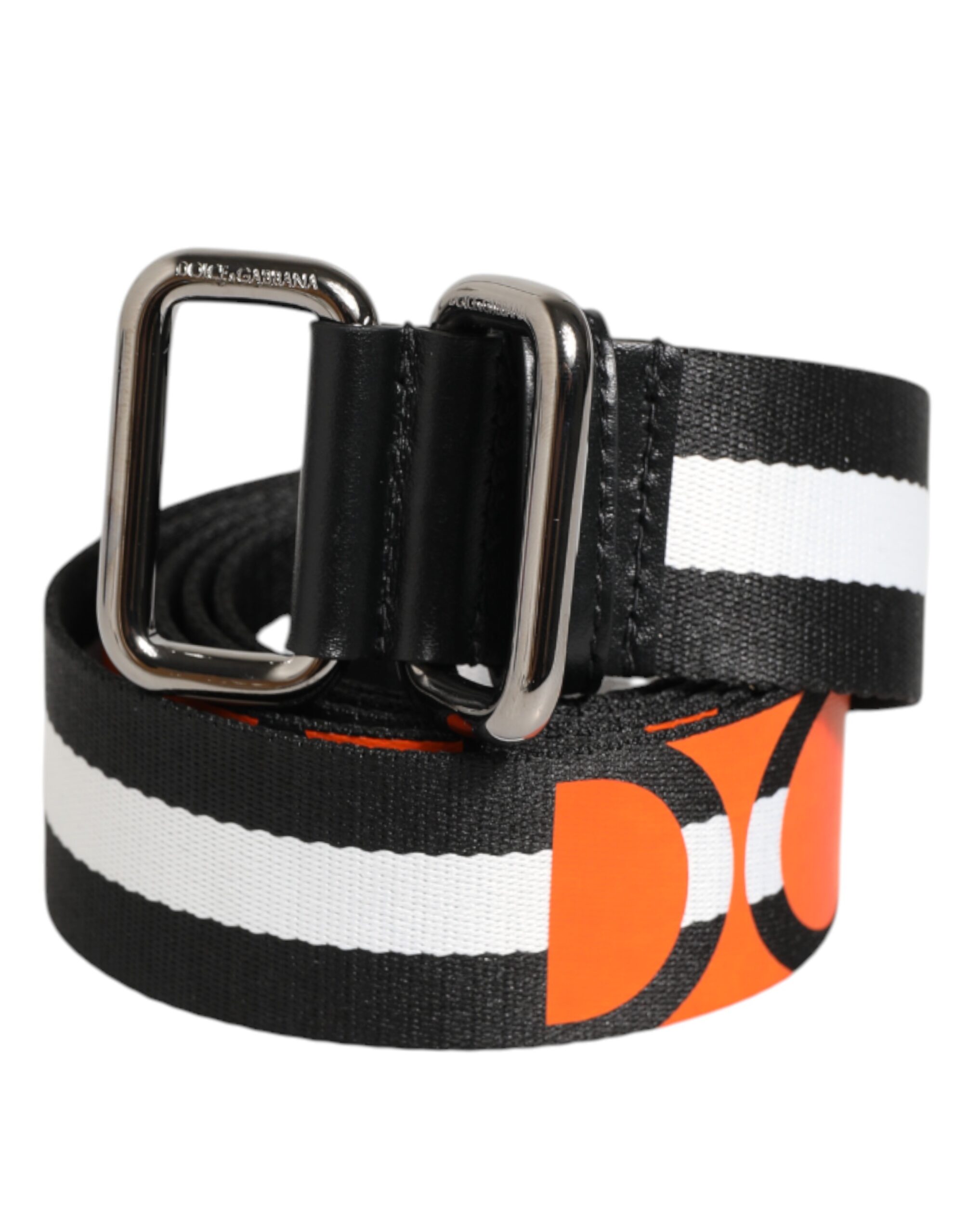 Dolce & Gabbana Black White Striped Logo Metal Buckle Belt - Image 2