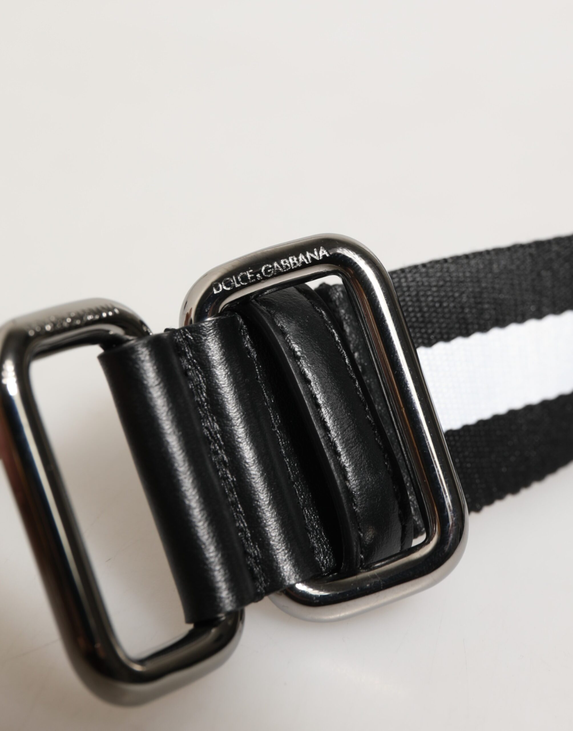 Dolce & Gabbana Black White Striped Logo Metal Buckle Belt - Image 3