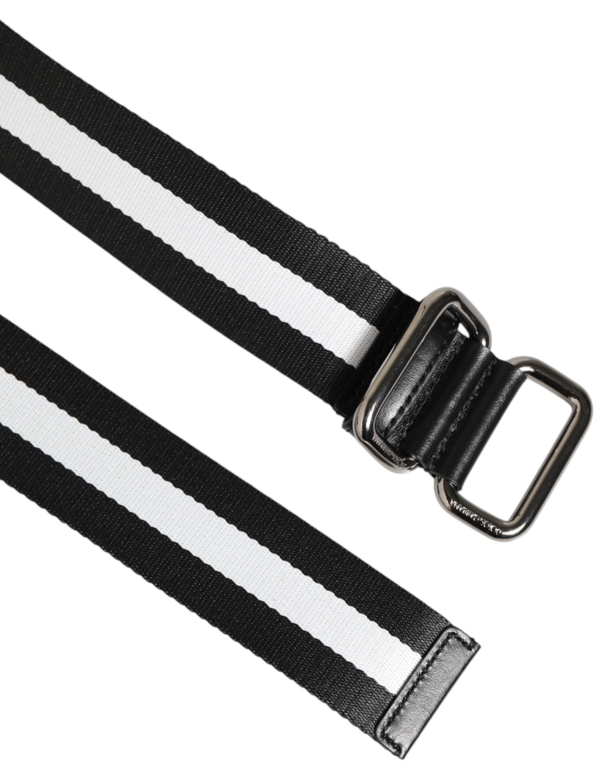 Dolce & Gabbana Black White Striped Logo Metal Buckle Belt - Image 4