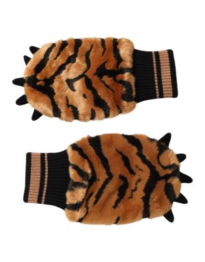 Dolce & Gabbana Brown Tiger Knitted Fur Wrist Mitten One Size Gloves