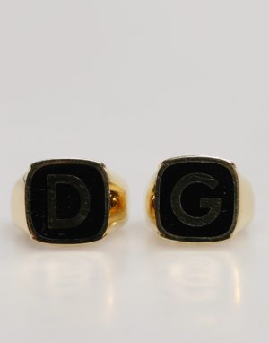 Dolce & Gabbana Gold-Tone Real Brass Black Enamel "DG" Adjustable Rings