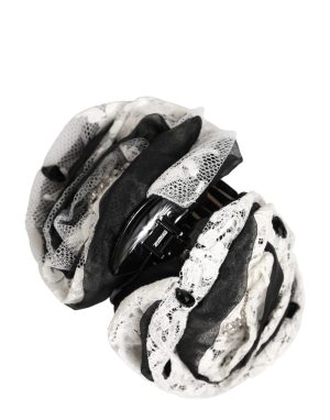 Dolce & Gabbana Black White Silk Floral Lace Crystal Accessory Hair Claw