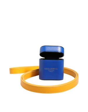 Dolce & Gabbana Blue Yellow Calfskin Leather Logo Strap Men Airpods Case