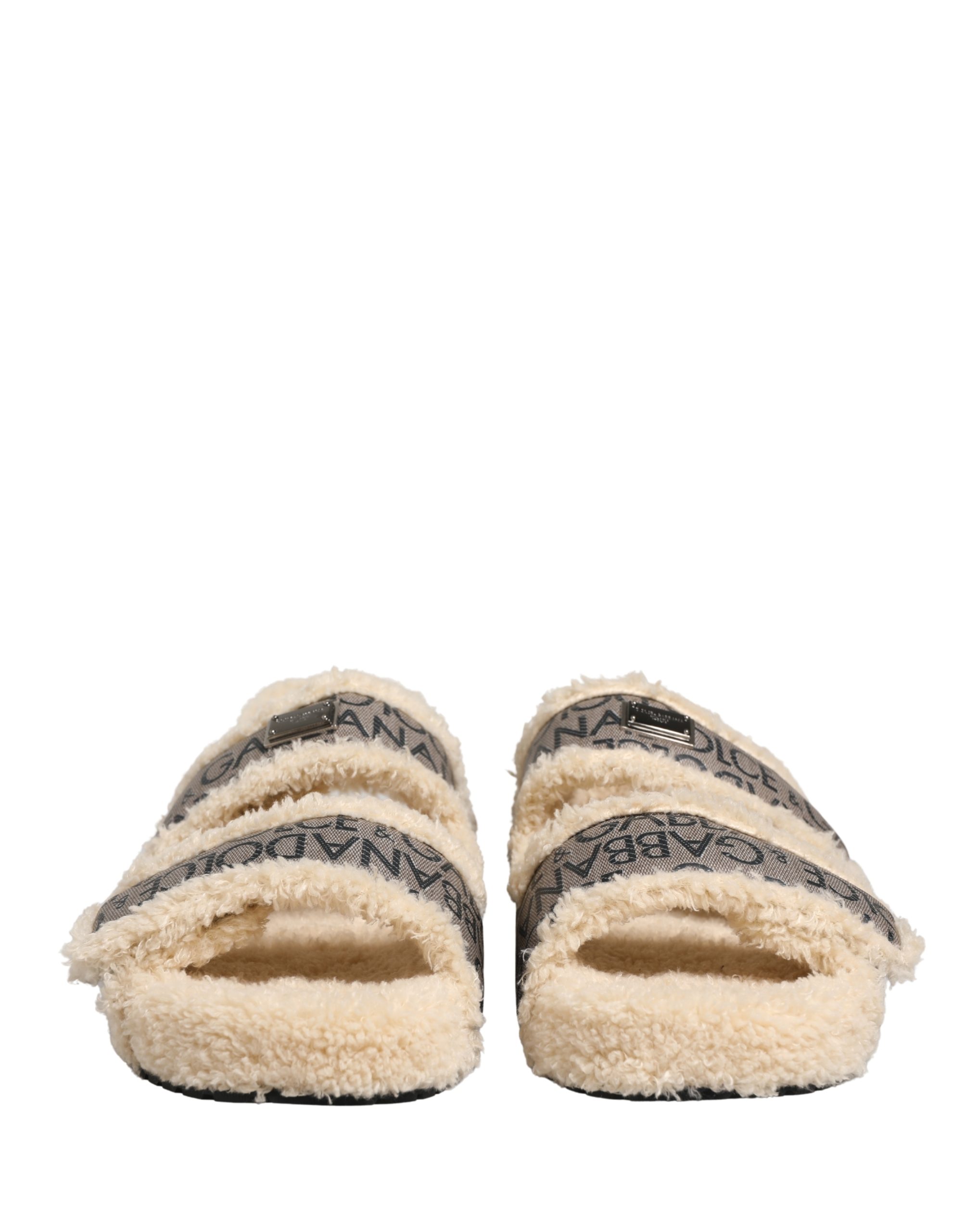 Dolce & Gabbana Beige Faux Fur Logo Print Flats Sandals Shoes - Image 3