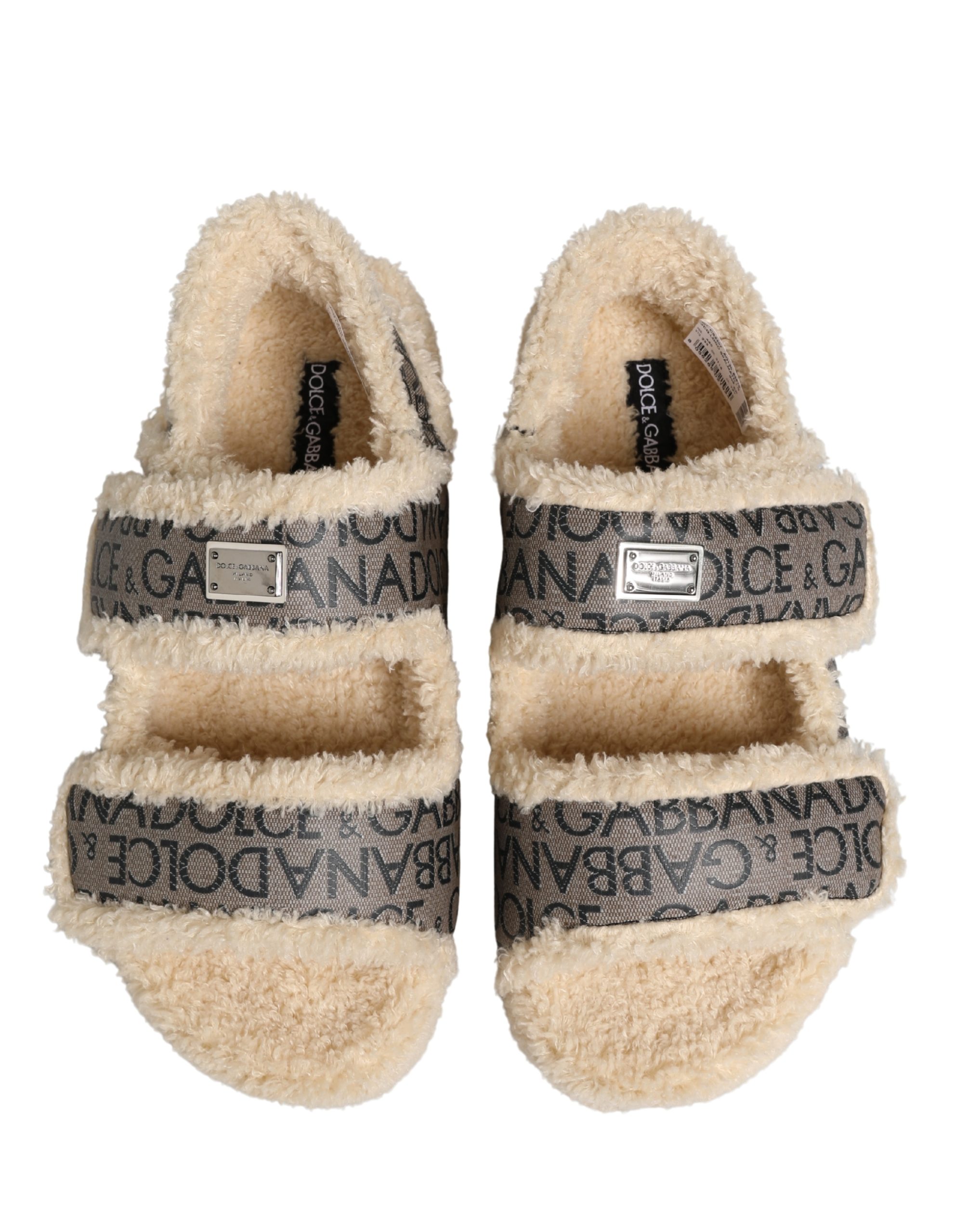 Dolce & Gabbana Beige Faux Fur Logo Print Flats Sandals Shoes - Image 4