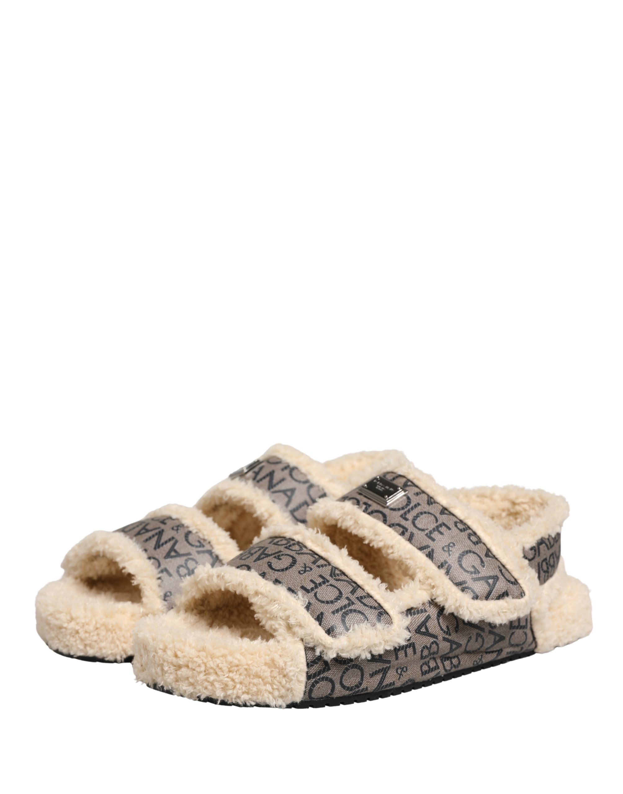 Dolce & Gabbana Beige Faux Fur Logo Print Flats Sandals Shoes - Image 5