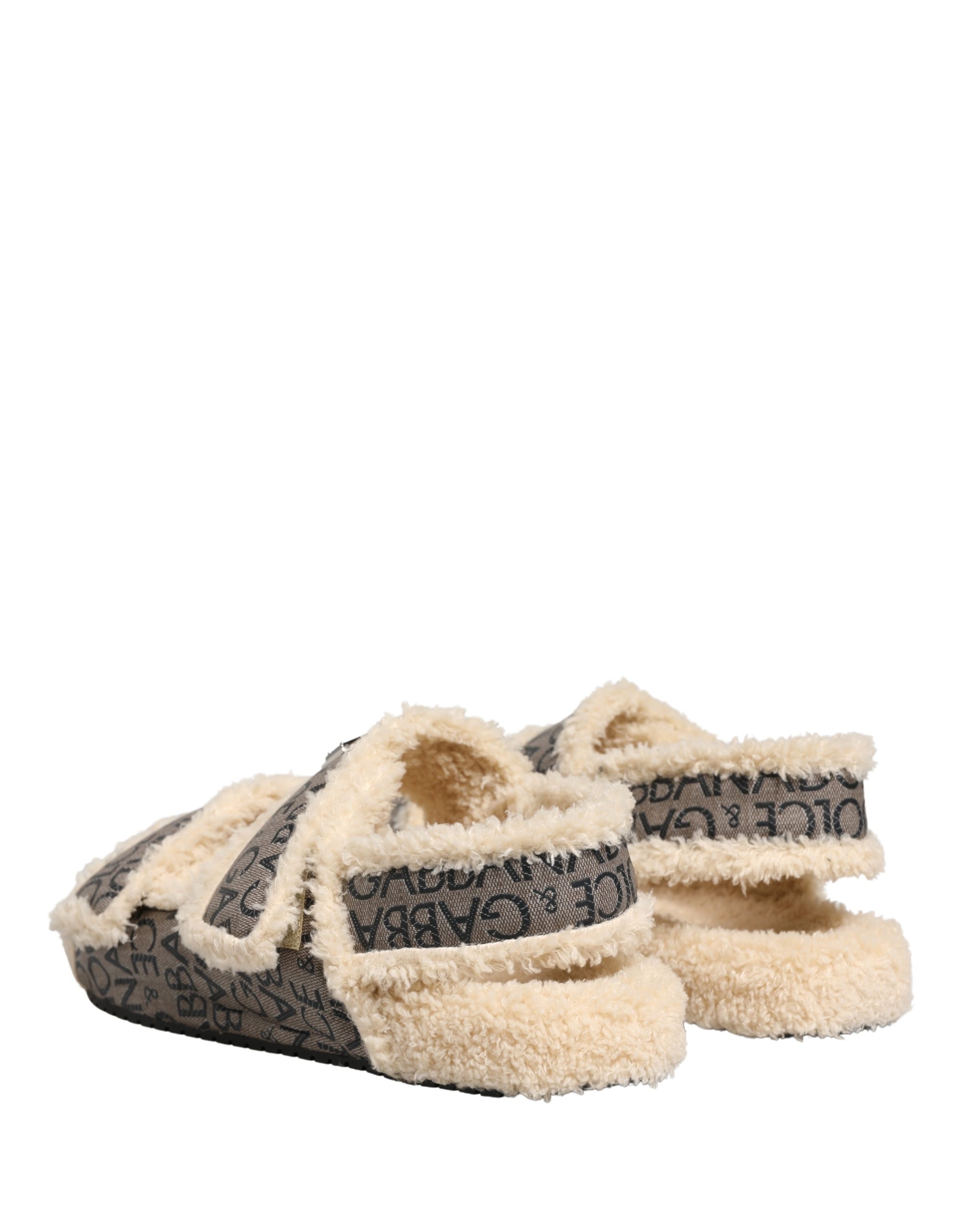 Dolce & Gabbana Beige Faux Fur Logo Print Flats Sandals Shoes - Image 6