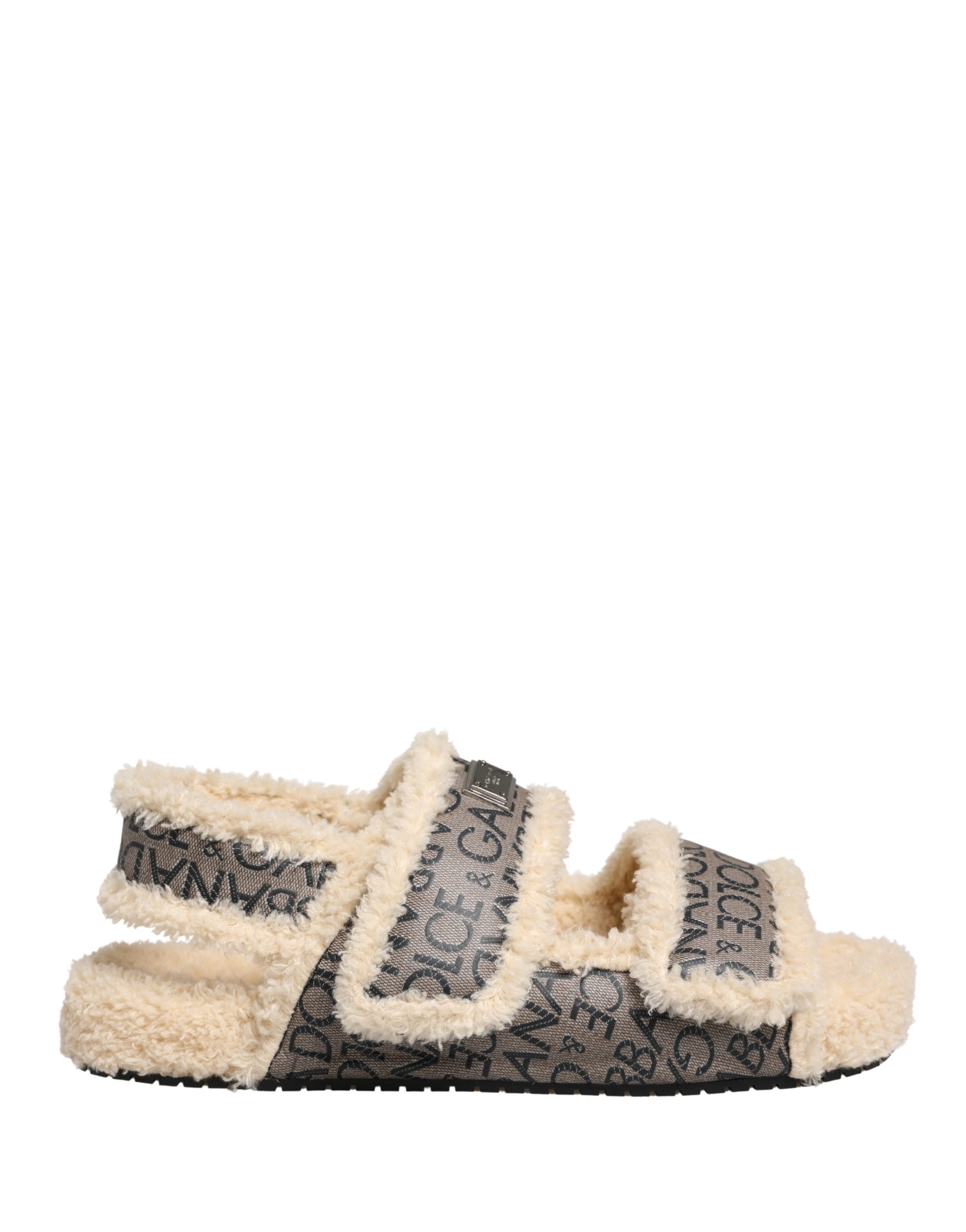 Dolce & Gabbana Beige Faux Fur Logo Print Flats Sandals Shoes - Image 2