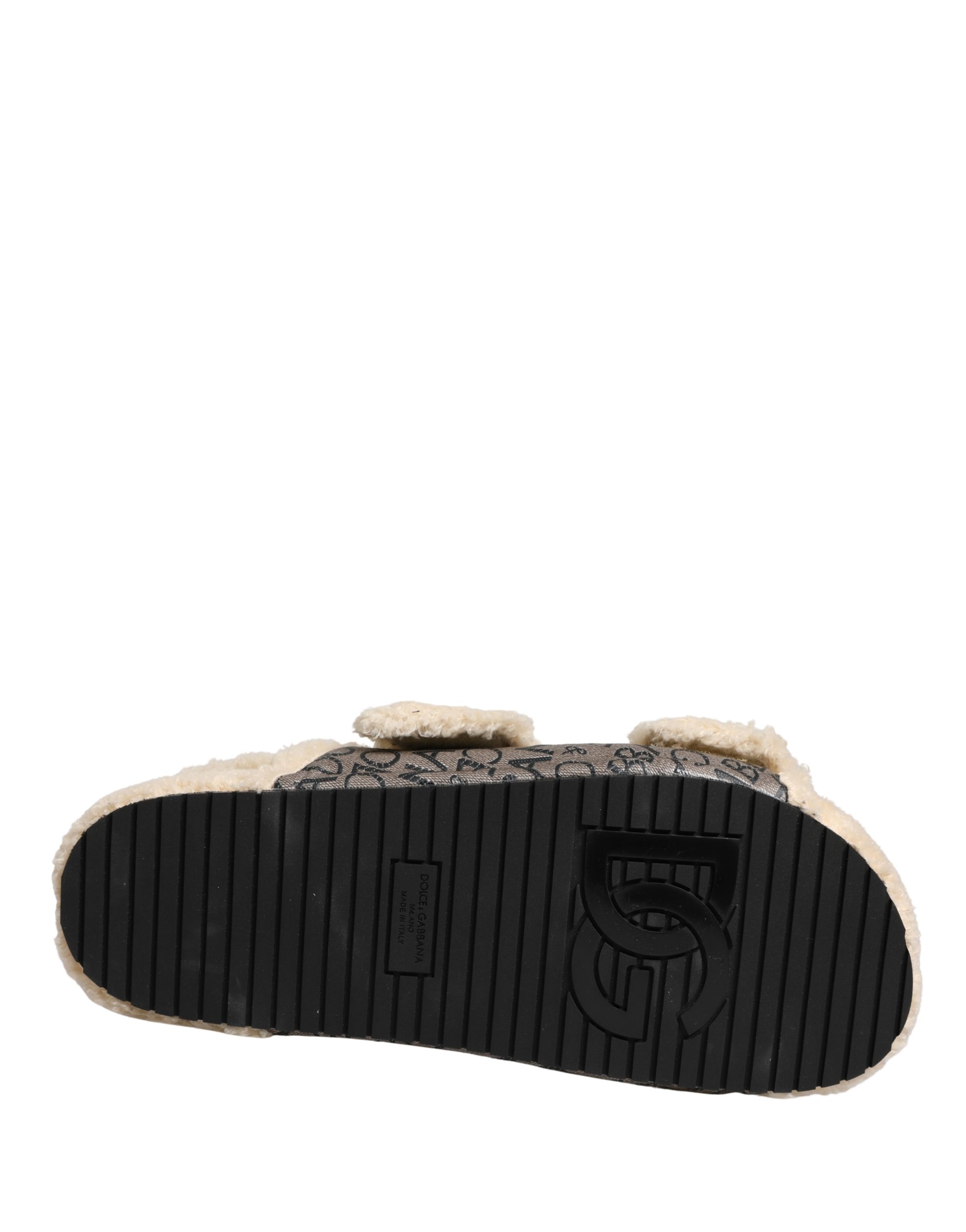 Dolce & Gabbana Beige Faux Fur Logo Print Flats Sandals Shoes - Image 8