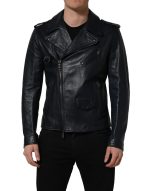 Dolce & Gabbana Black Leather Men Biker Coat Goatskin Jacket