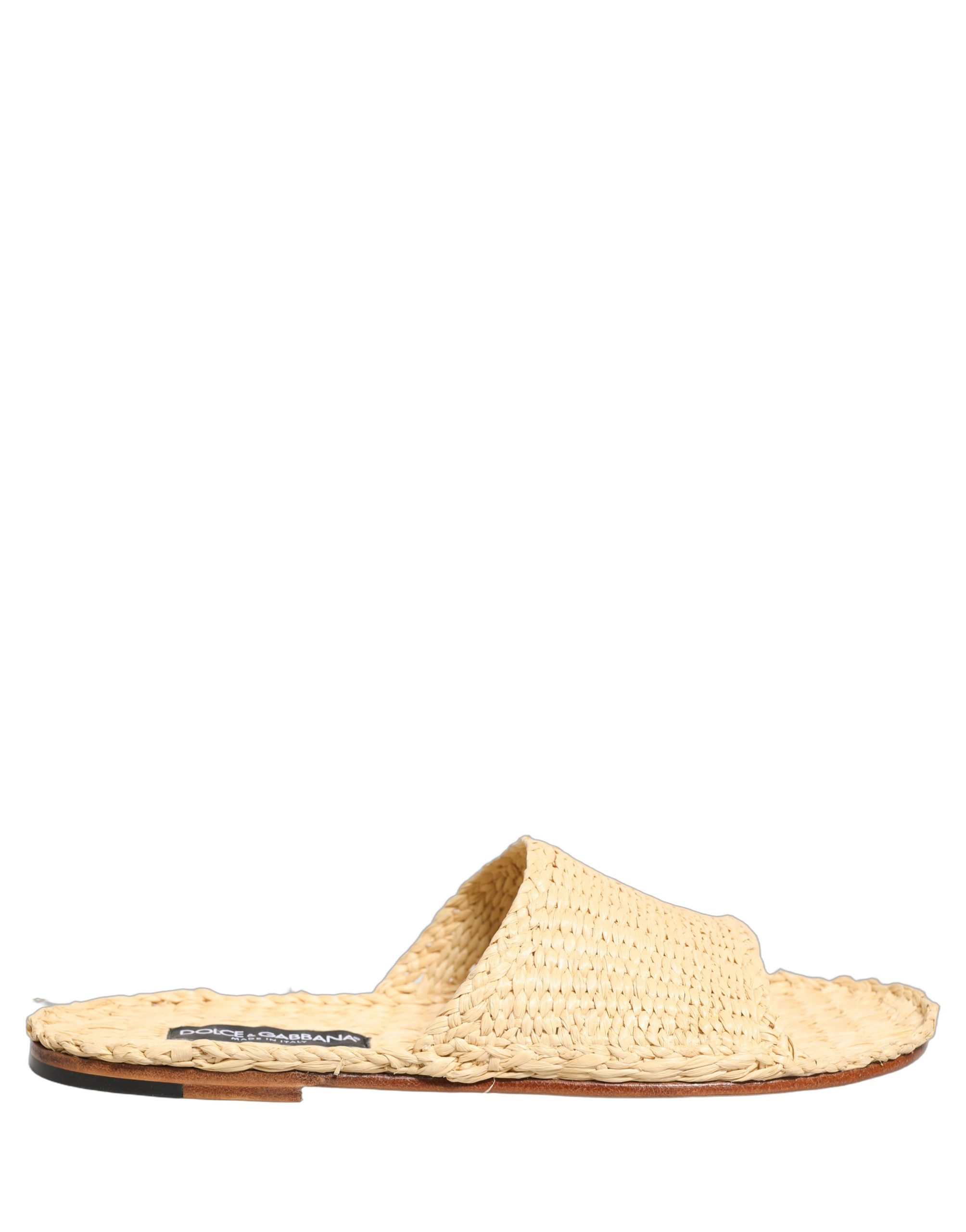 Dolce & Gabbana Beige Straw Raffia Slides Sandals Flats Shoes - Image 2