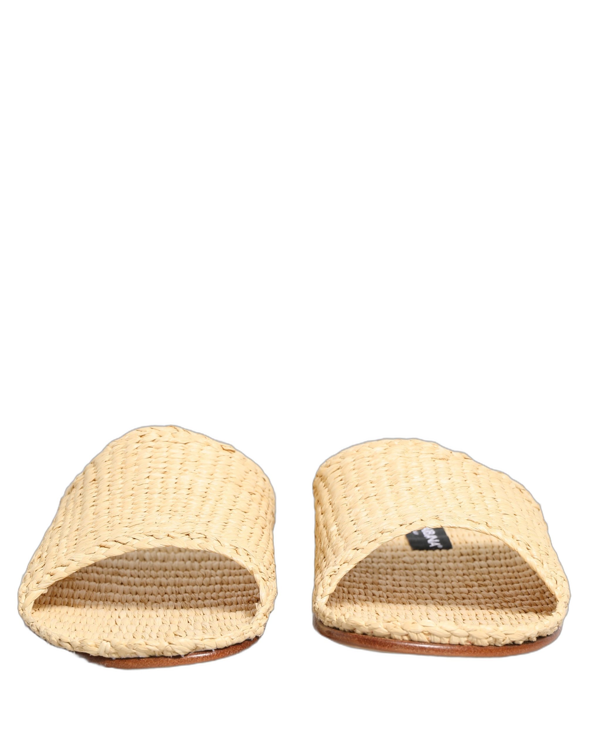 Dolce & Gabbana Beige Straw Raffia Slides Sandals Flats Shoes - Image 4