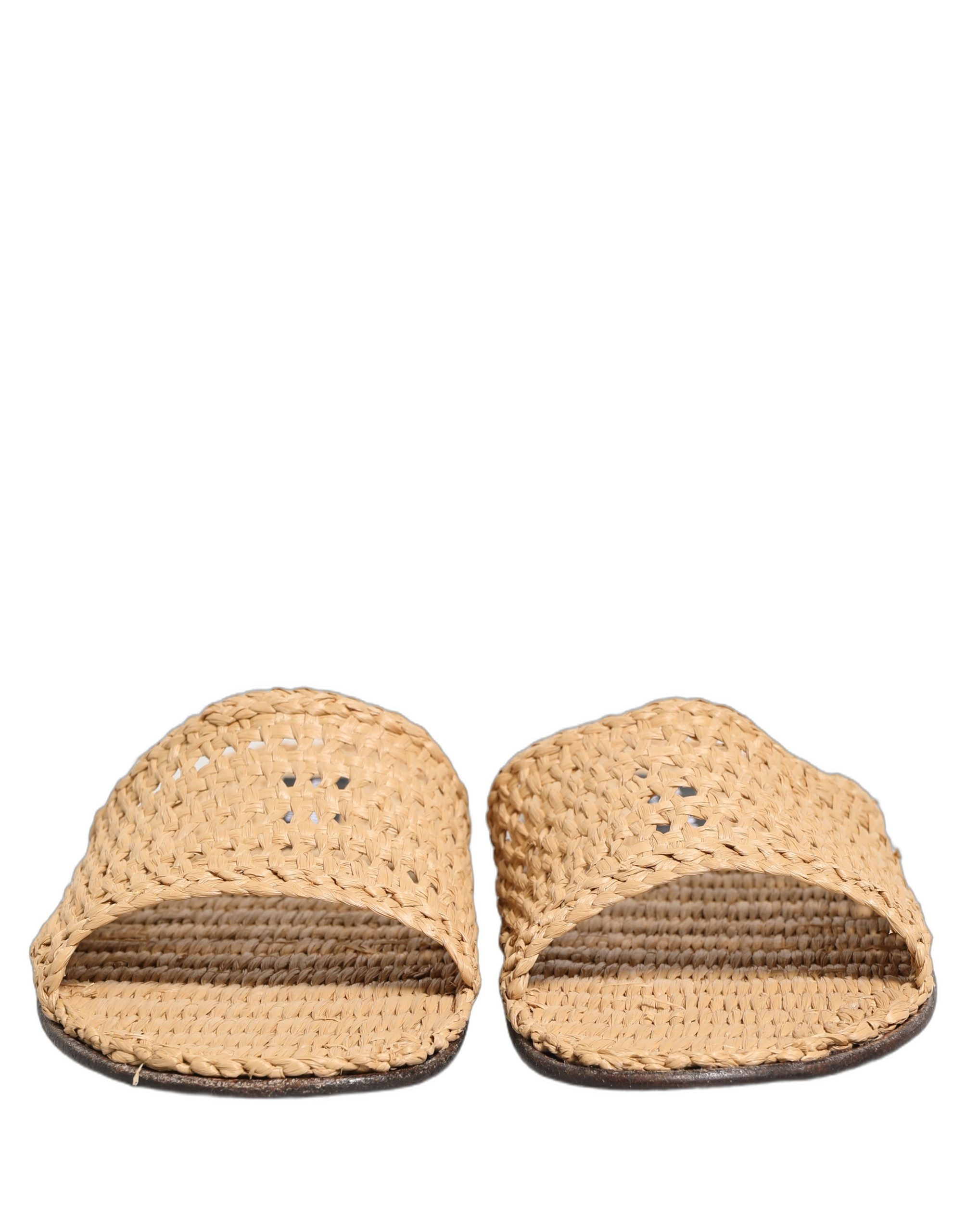 Dolce & Gabbana Beige Straw Raffia Slides Sandals Flats Shoes - Image 3