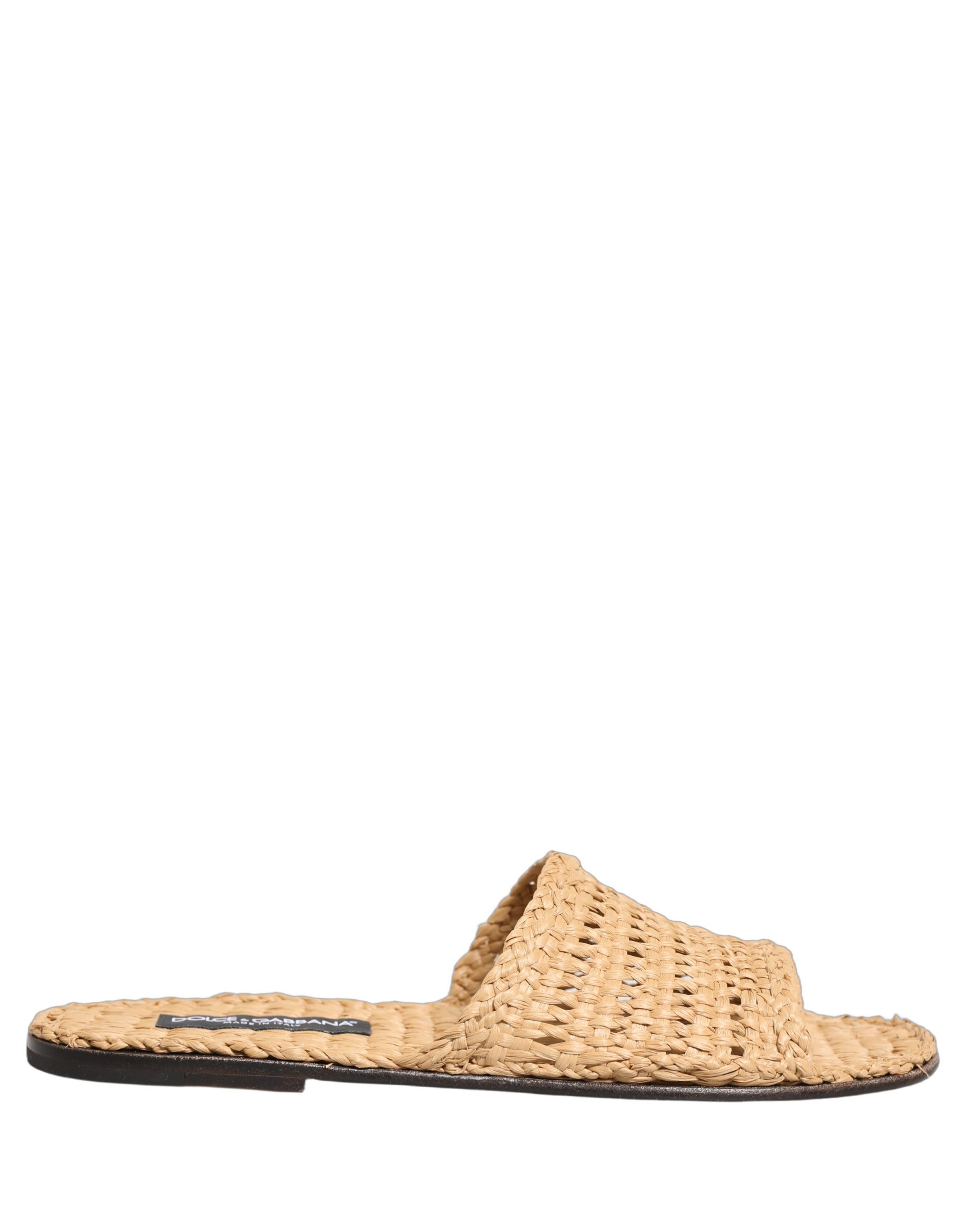 Dolce & Gabbana Beige Straw Raffia Slides Sandals Flats Shoes - Image 2