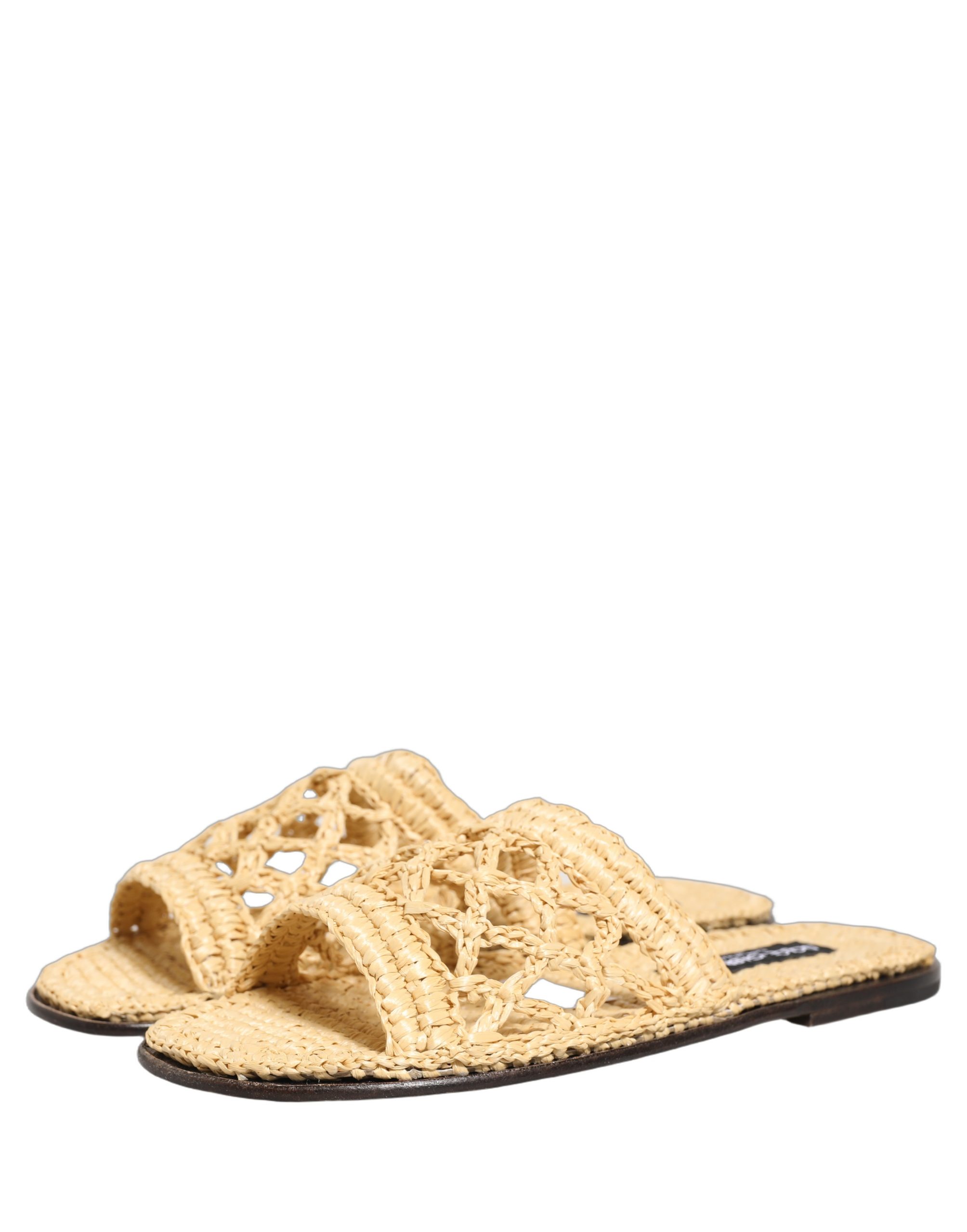 Dolce & Gabbana Beige Straw Raffia Slides Sandals Flats Shoes - Image 5