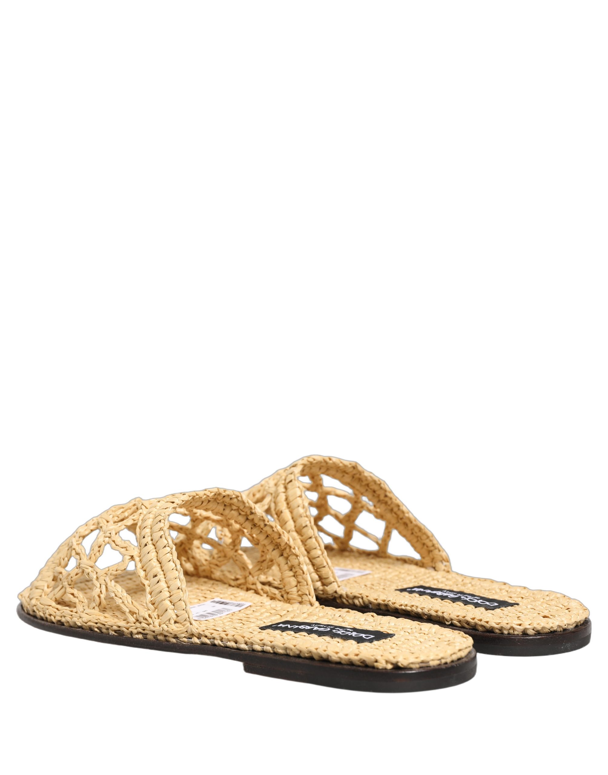 Dolce & Gabbana Beige Straw Raffia Slides Sandals Flats Shoes - Image 6