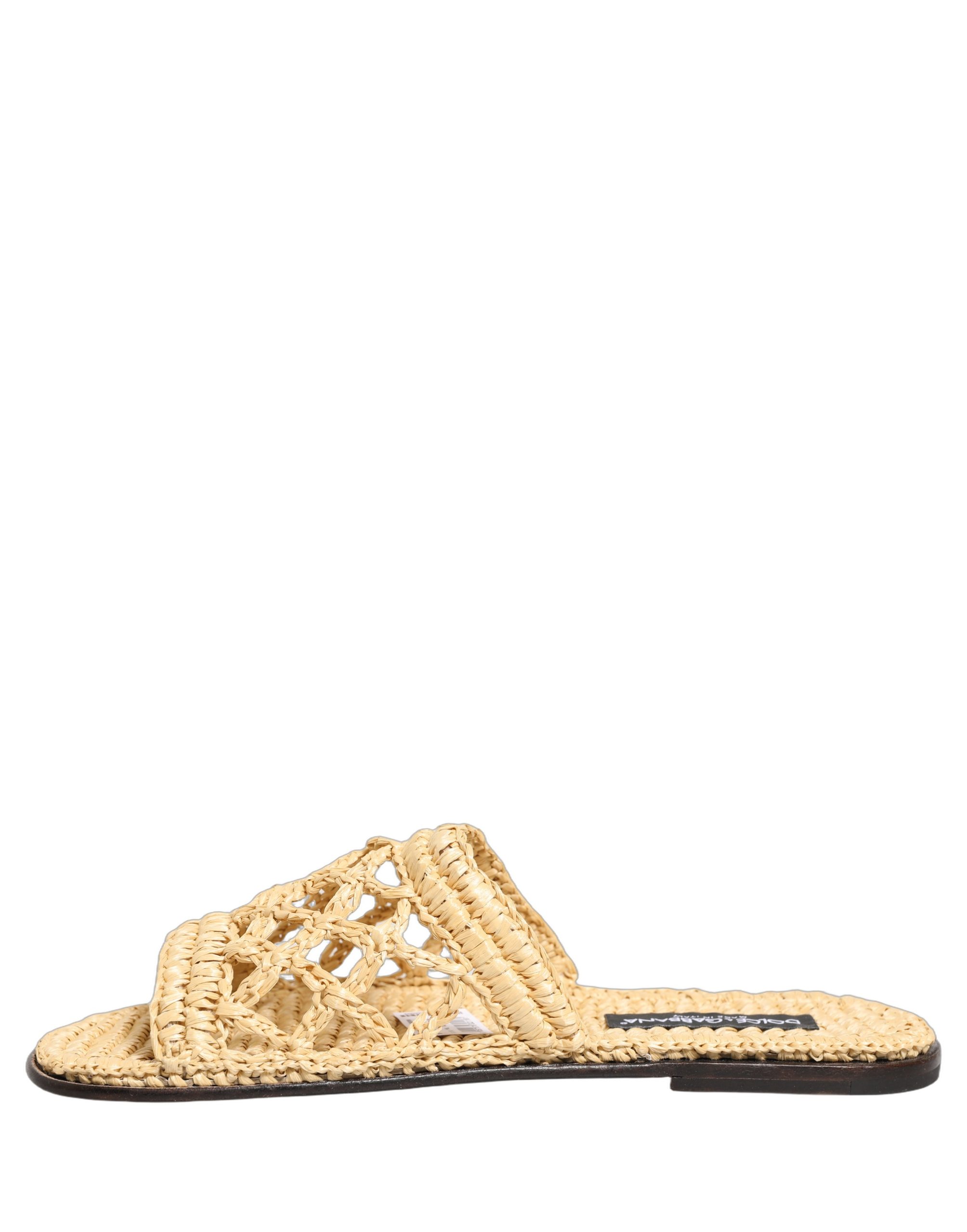 Dolce & Gabbana Beige Straw Raffia Slides Sandals Flats Shoes - Image 7